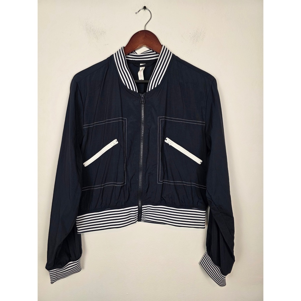 Daily Practice Navy Nylon Cropped Windbreaker Jacket Stripe Collar Womens M